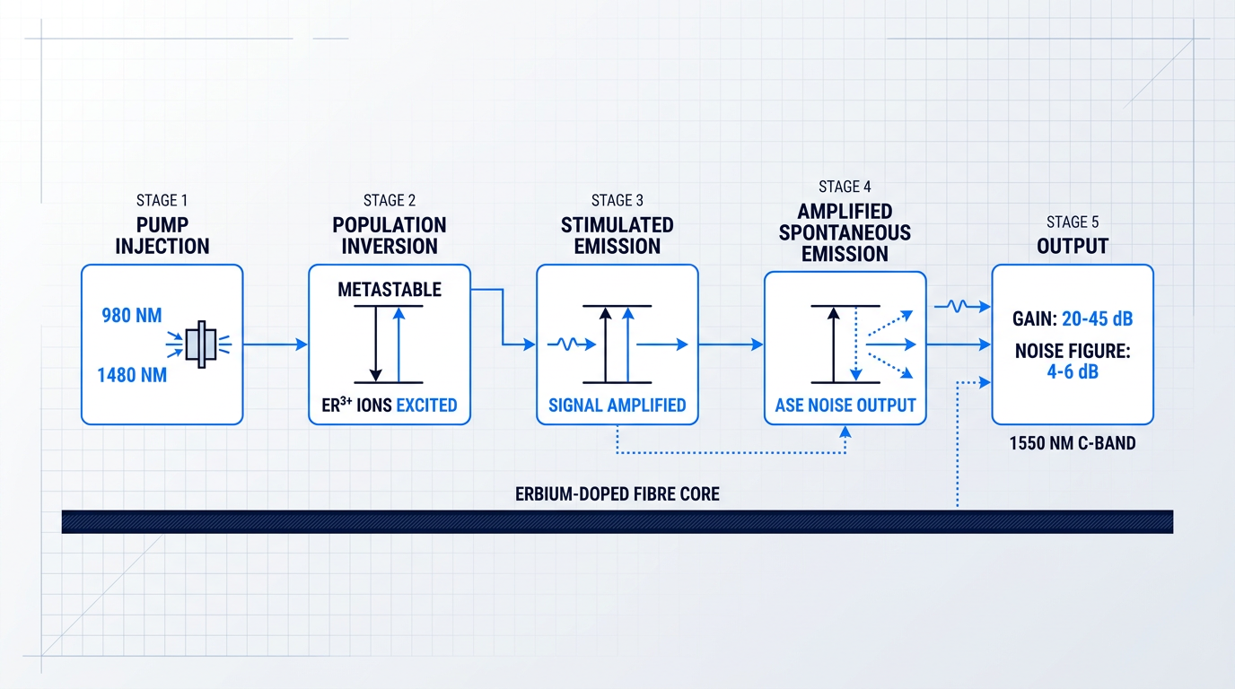 Five-stage EDFA process flow showing pump injection at 980/1480 nm, population inversion of Er³⁺ ions, stimulated emission amplifying signal, ASE noise generation, and output with 20-45 dB gain at 1550 nm C-band.