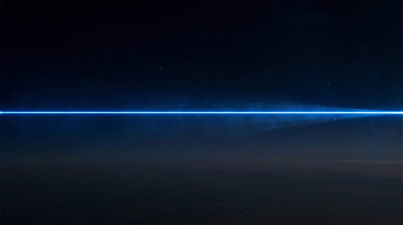 Deep space environment with electric blue laser beam propagating horizontally across the frame, surrounded by dark navy atmosphere with subtle stellar points and atmospheric scattering effects.