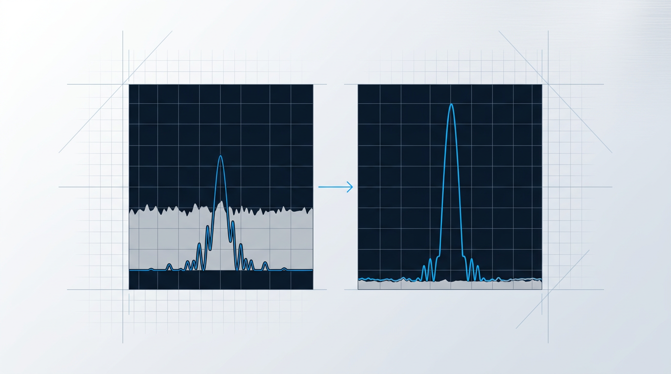 Technical schematic showing two side-by-side signal power level diagrams: low-power input with prominent ASE noise floor, and high-power input with suppressed noise, illustrating noise figure impact in optical booster amplifier design.
