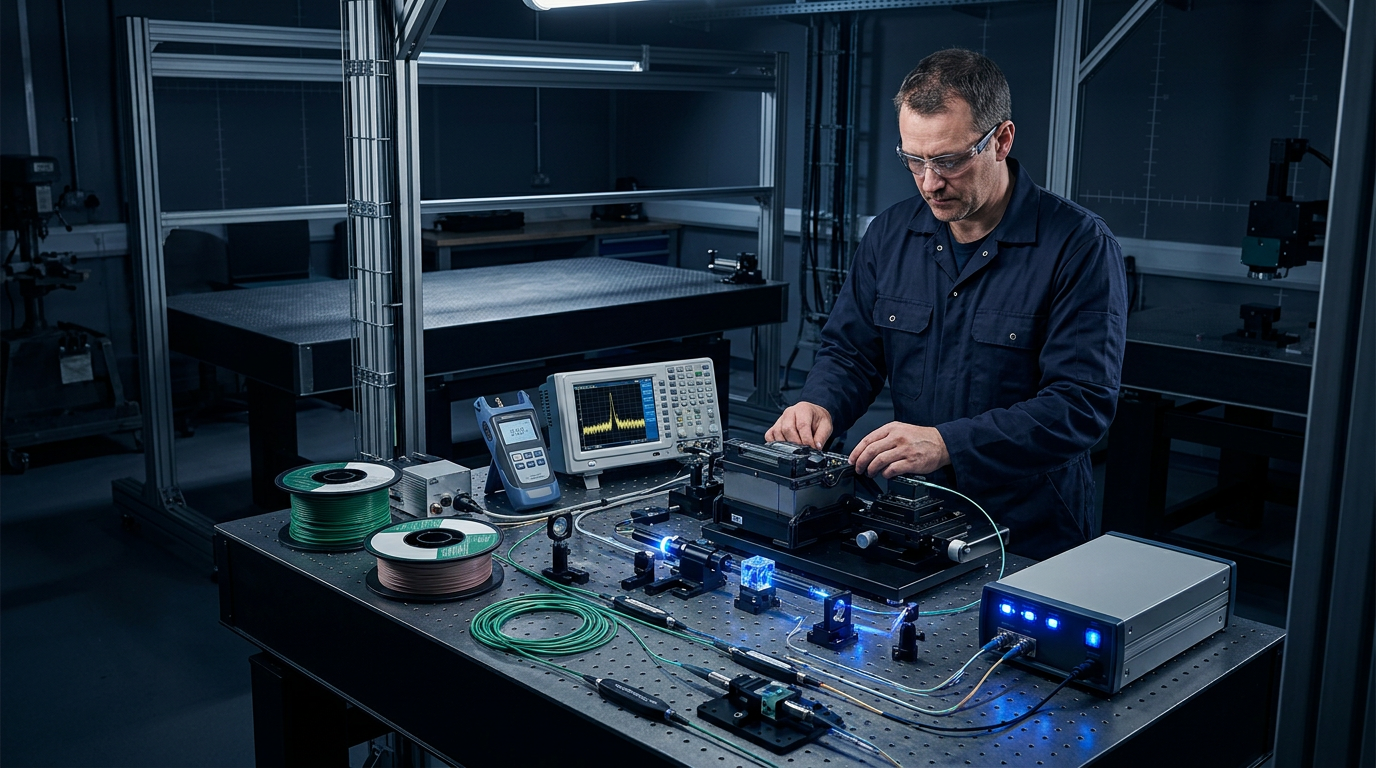 Fibre amplifier assembly workbench with precision optical components, splicing equipment, and test instrumentation; engineer in navy coveralls focused on calibration task under directional workshop lighting.