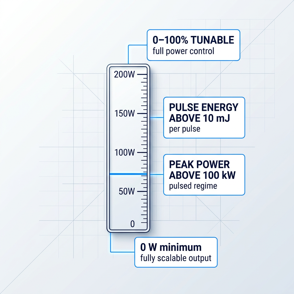 Vertical power output scale from 0 to 200+ watts with electric blue indicator line, surrounded by four annotated containers showing key EDFA specifications: 0–100% tunable, pulse energy above 10 mJ, peak power above 100 kW, and 0 W minimum.