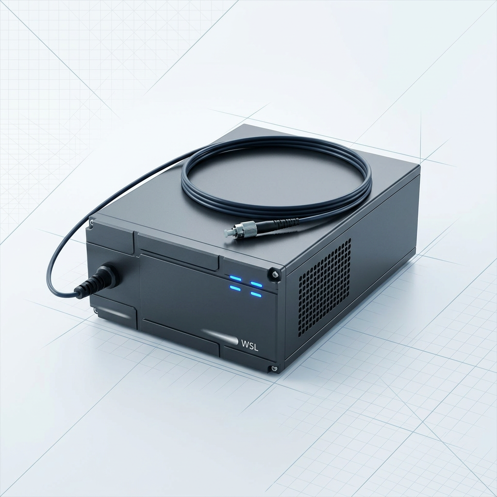 Compact dark grey fibre amplifier enclosure with ventilation grilles, front control panel, and fibre delivery cable on clean light background, positioned for transmitter-end installation.