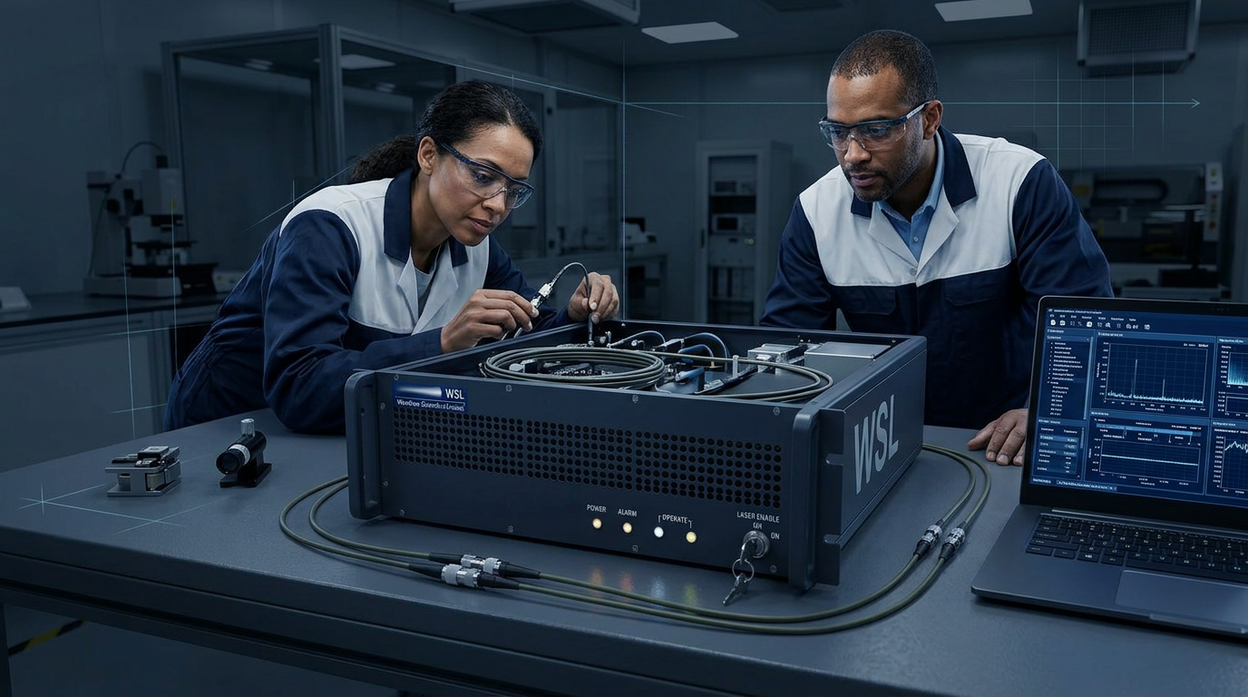 Two engineers in lab coats collaborating at a workbench with a WSL EDFA amplifier unit and laptop displaying diagnostic data in a dark technical lab environment.