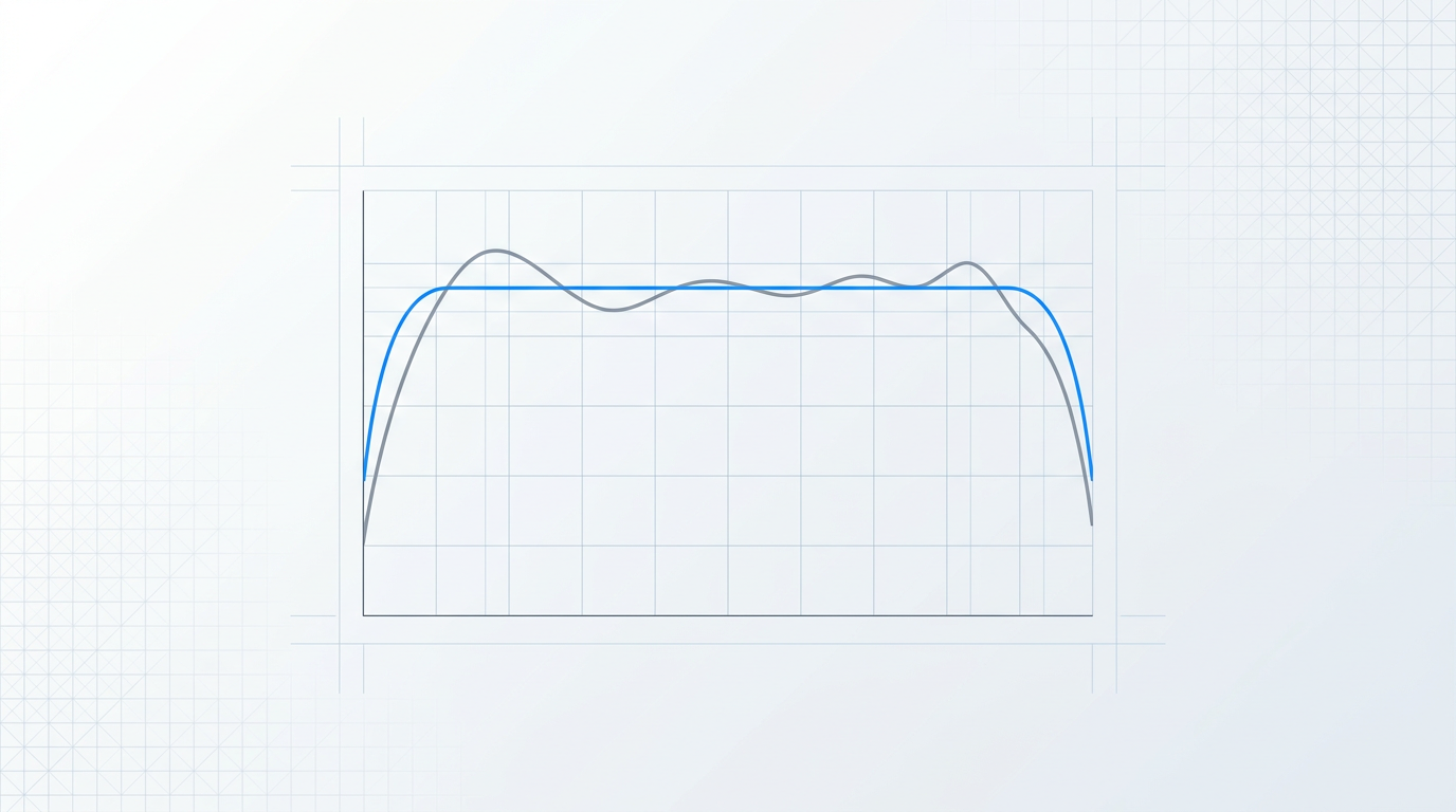 Spectral gain-flatness curve showing residual gain tilt across 1530–1625 nm before correction in grey, overlaid with flattened response in electric blue after gain-flattening filter application.
