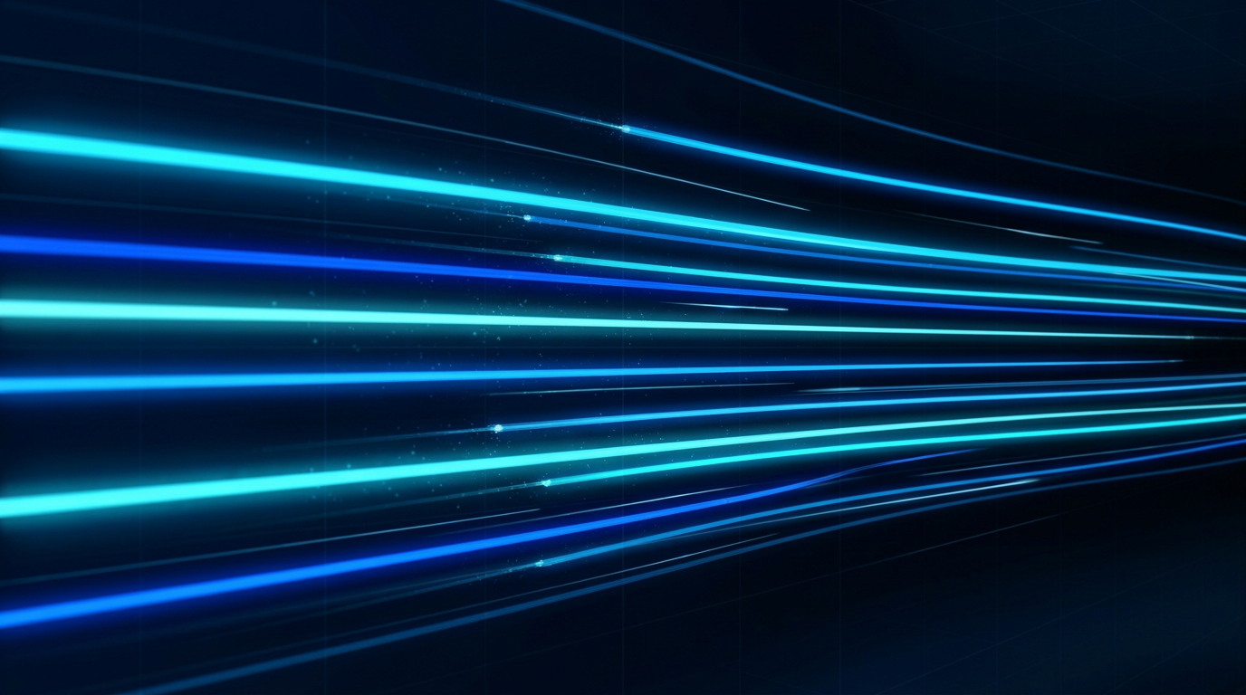 Multiple glowing electric blue and cyan light beams traverse a dark navy optical fibre network, representing WDM wavelengths transmitting simultaneously through long-haul transmission system.