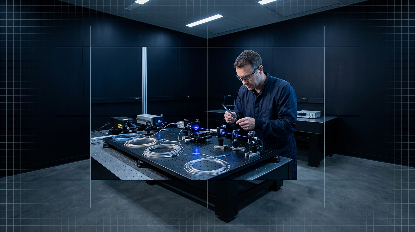 Precision optical fibre research setup on a dark anodized optical breadboard with laser sources, fibre coupling optics, and vibration isolation mounts in a cleanroom-adjacent laboratory environment.