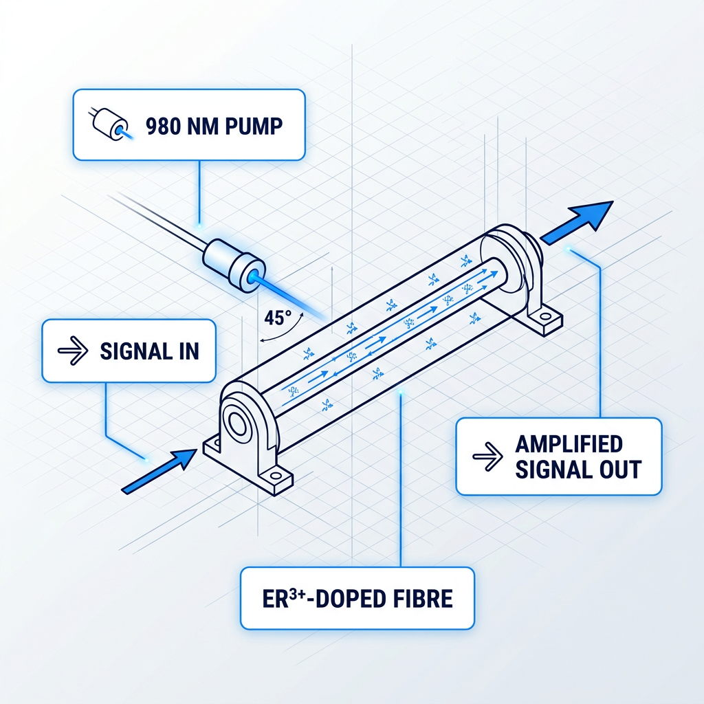 Technical schematic of erbium-doped fibre amplifier showing 980 nm pump laser entering from left, signal input and amplified output arrows, with Er³⁺-doped fibre gain medium labelled in centre, and stimulated emission process indicated along fibre span.