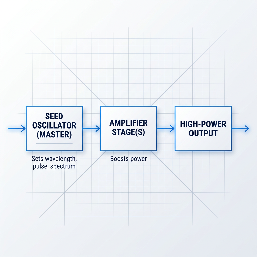 Block diagram showing MOPA signal chain: Seed Oscillator (Master) box connected by arrow to Amplifier Stage(s) box connected by arrow to High-Power Output box, with descriptors below each stage.
