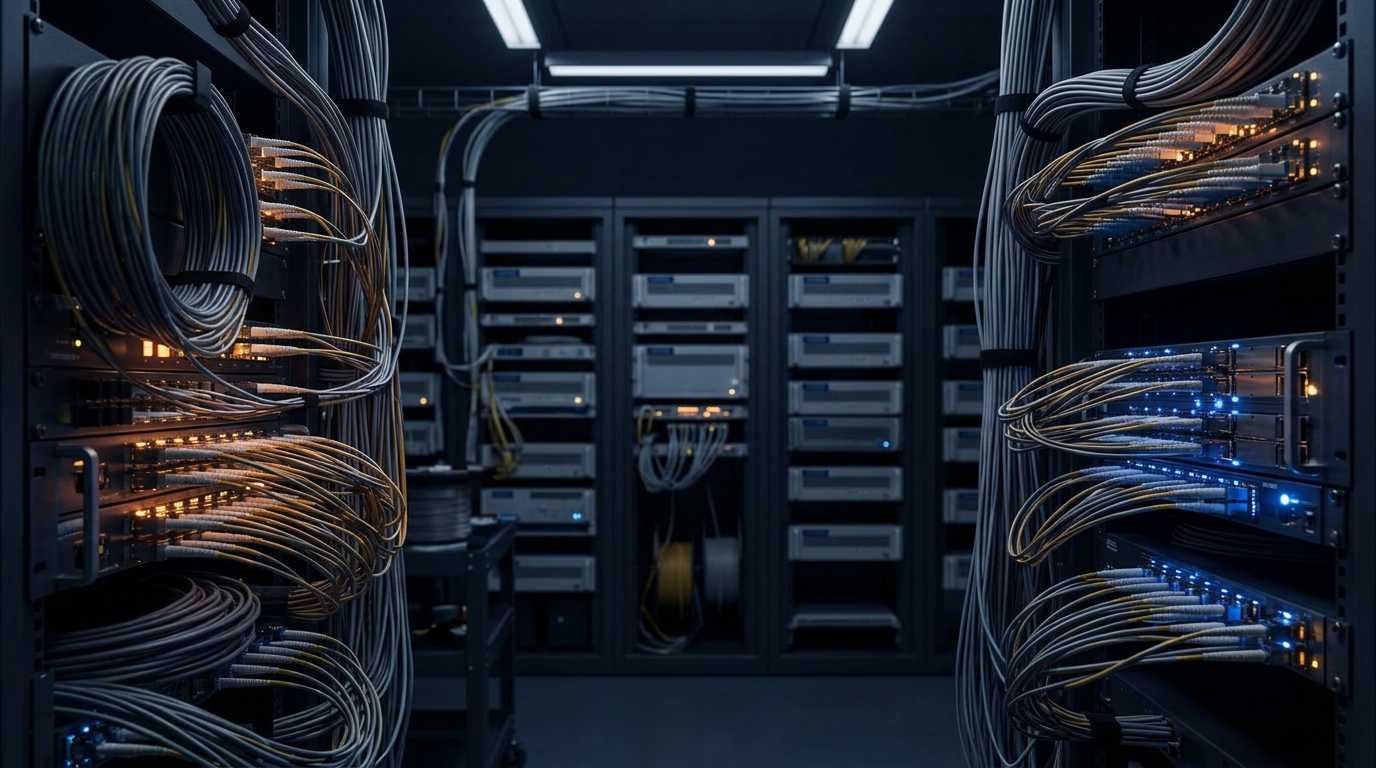Deep navy and charcoal optical transmitter facility with dense fibre optic cabling, glowing amber and blue connectors, and rack-mounted infrastructure lit by active photonic components.