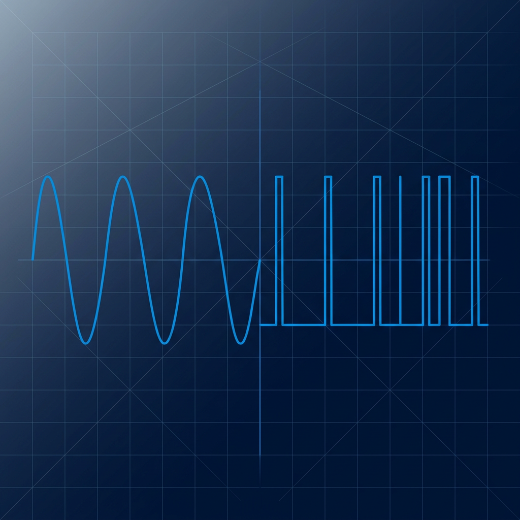 Two contrasting optical waveforms on dark navy background: smooth continuous sinusoidal CW signal on left in electric blue, sharp narrow rectangular pulses (100–500 ns) on right, separated by vertical divider line.