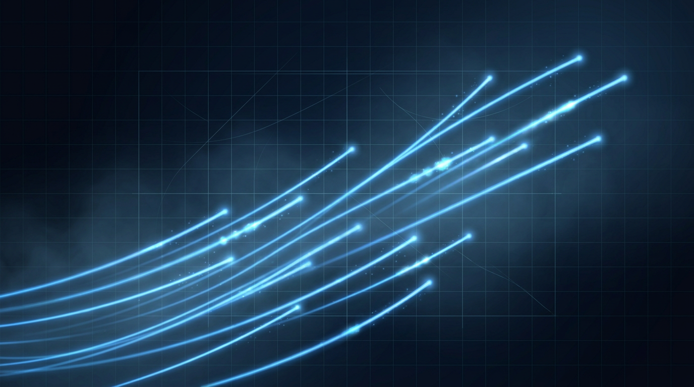 Glowing electric blue optical fibre strands transmitting light diagonally across a deep navy gradient background with subtle atmospheric mist and faint technical grid overlay.