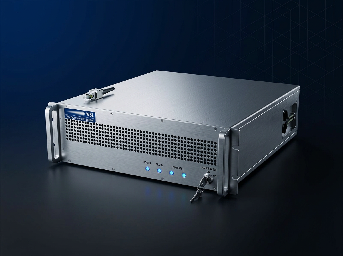 Compact air-cooled fibre amplifier enclosure with brushed metal chassis, control panel with blue indicator lights, and fiber connector on top, positioned in dark industrial environment.