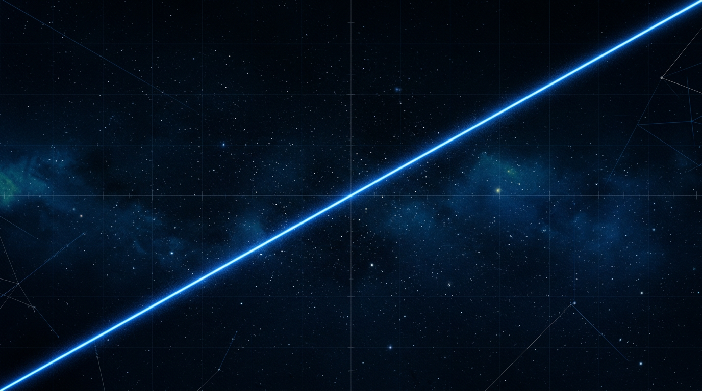 Deep space backdrop with a diagonal beam of electric blue light traversing from lower left to upper right, representing free-space optical transmission across open air against a dark blue-black gradient.