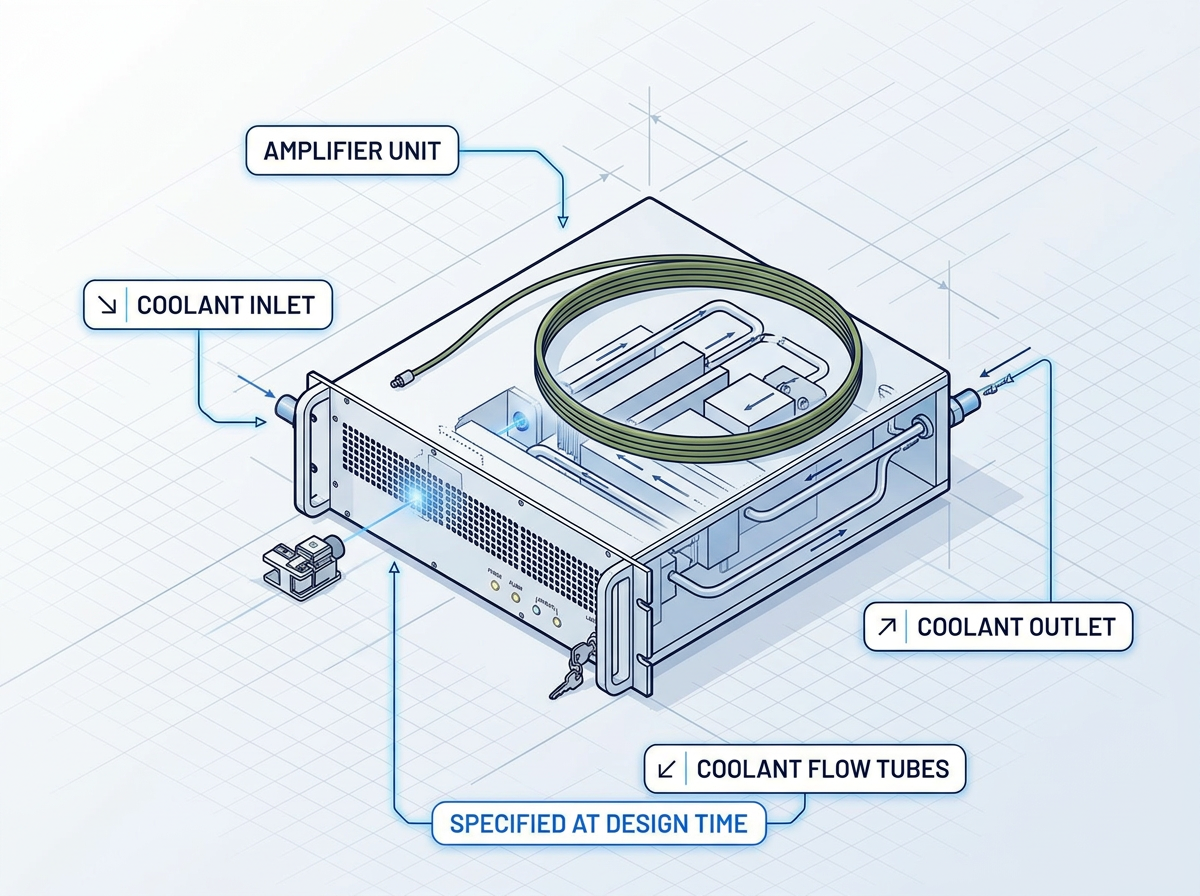 Isometric schematic of water-cooling loop integrated into optical booster amplifier rack, showing amplifier unit, coolant inlet and outlet connections with directional flow arrows, labeled with callout badge 'Specified at Design Time'.