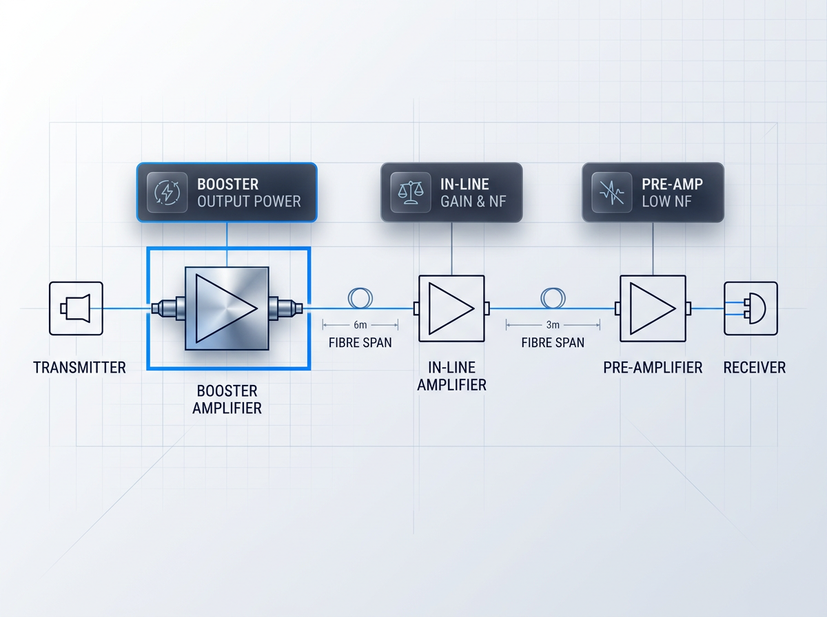 Horizontal fiber optic link schematic showing six stages: transmitter, booster amplifier (highlighted in electric blue), fiber span, in-line amplifier, fiber span, pre-amplifier, and receiver. Three labeled containers above amplifier stages identify design priorities: booster for output power, in-line for gain and noise figure balance, pre-amplifier for low noise figure.