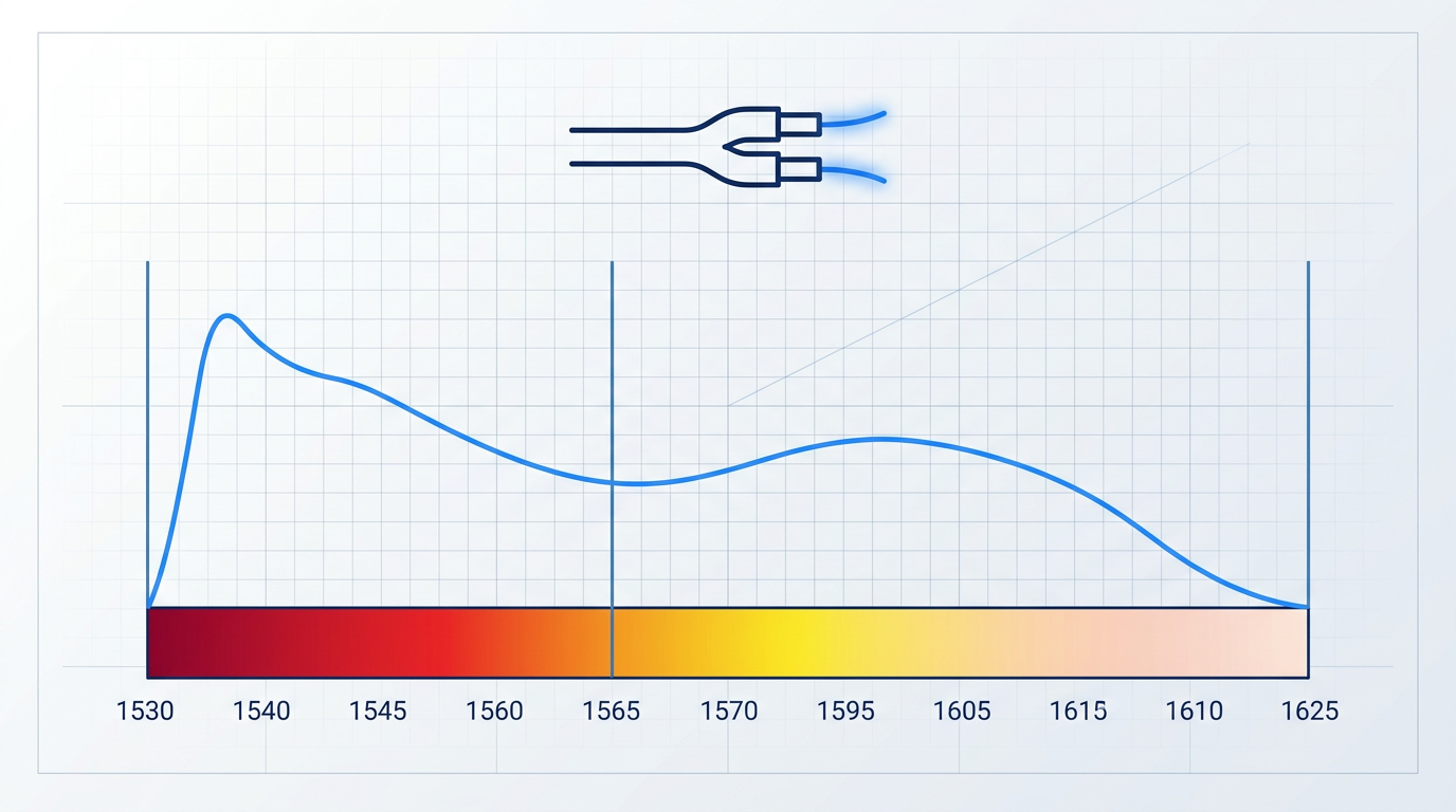 Spectral gain diagram showing erbium amplification window from 1530 to 1625 nanometers, with C-band and L-band regions delineated by vertical dividers, smooth gain curve in electric blue overlaying the wavelength spectrum, and fiber optic cable icon above indicating dual-band transmission from one source.