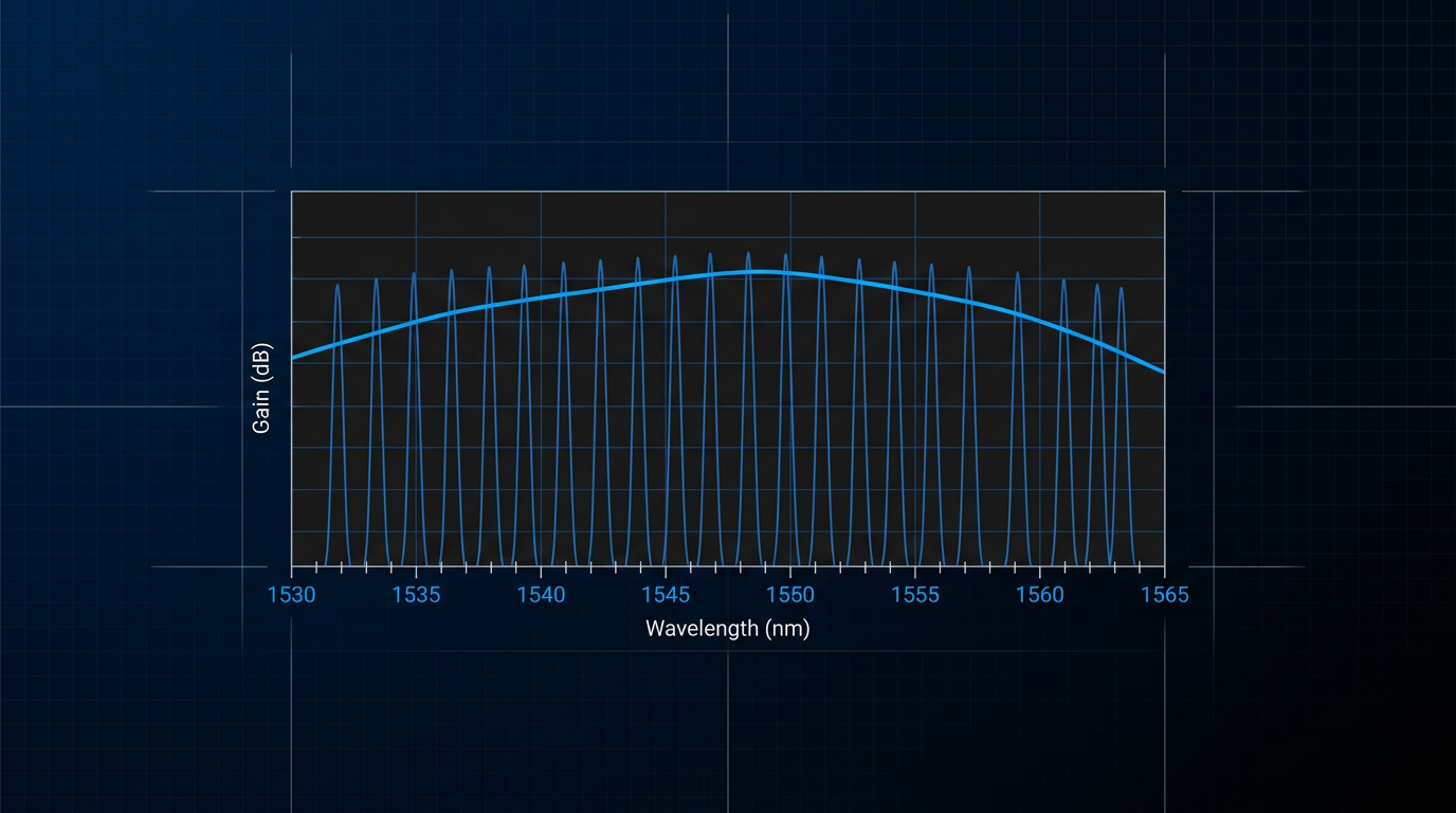 DWDM channel spectrum diagram showing individual wavelength channels across the C-band with an overlaid gain curve demonstrating non-uniform per-channel gain and spectral tilt in an optical amplifier chain.
