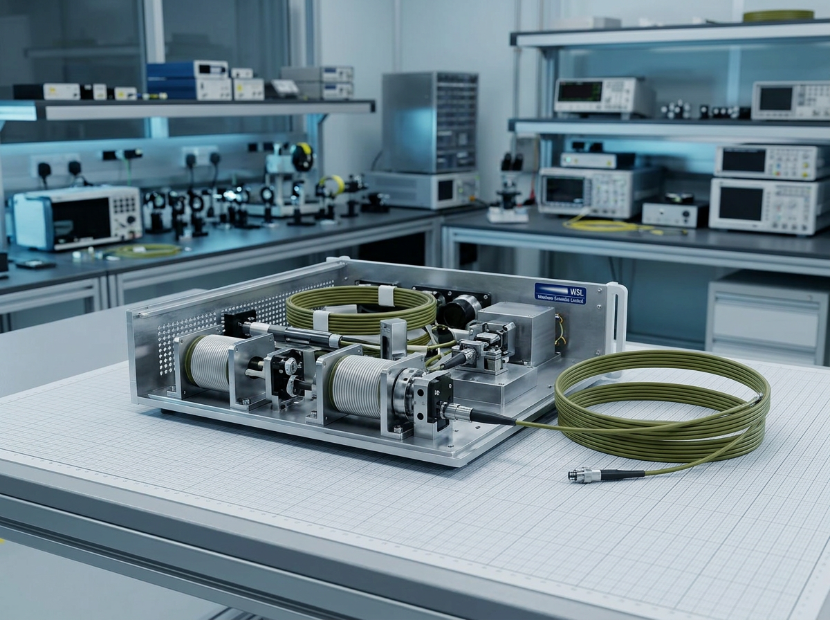 Partially assembled high-power fibre amplifier with exposed fibre coils and optical components on a precision build bench in a professional photonics workshop, with equipment and instrumentation visible in the background.