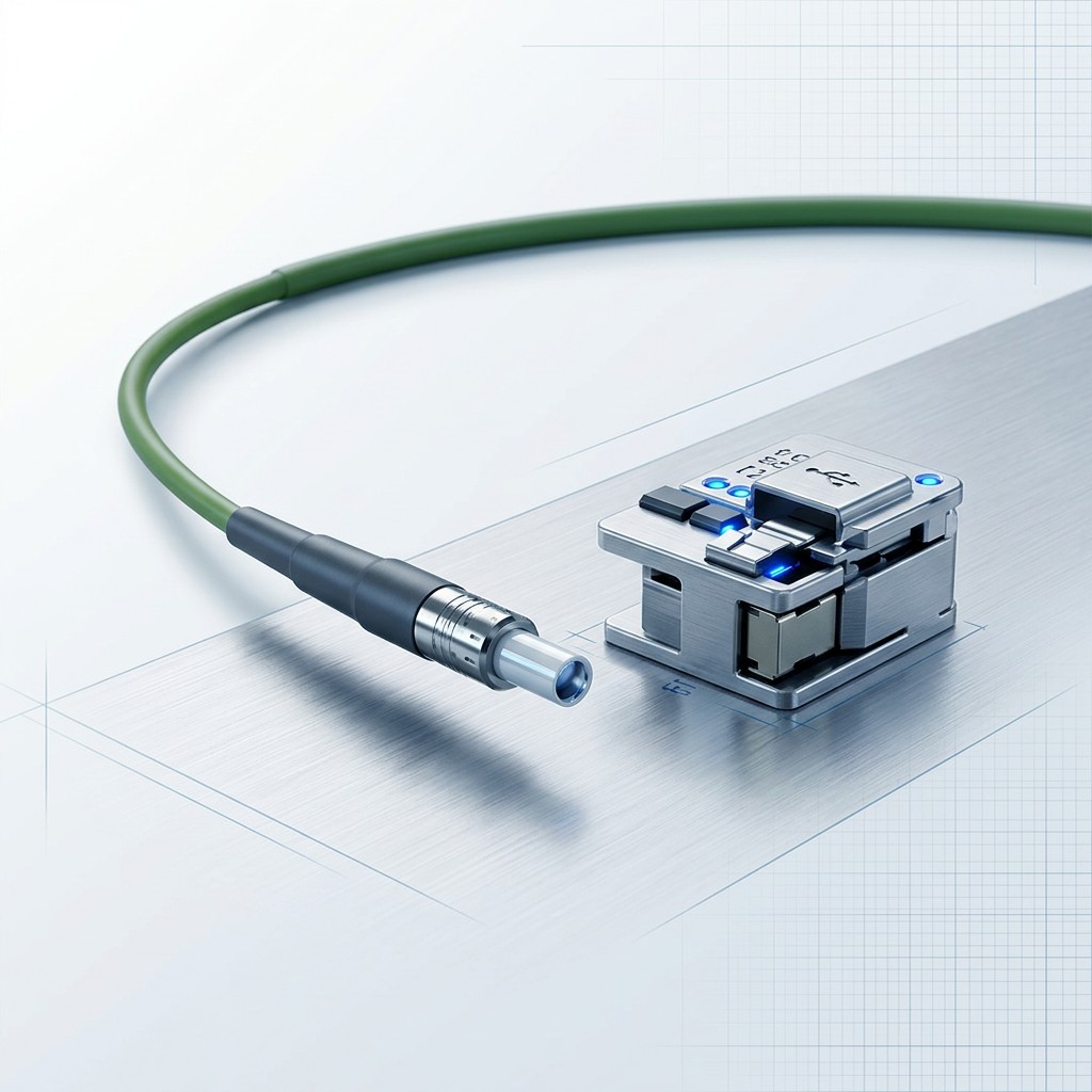 Precision fiber optic cable connector with polished ceramic ferrule and adjacent control interface panel featuring firmware/communications ports and status indicator lights.