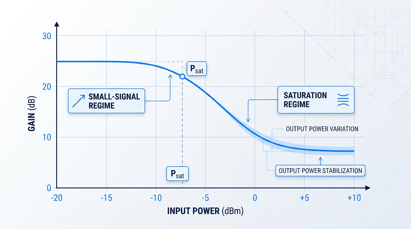 Gain compression curve showing booster EDFA performance: input power (dBm) on horizontal axis, gain (dB) on vertical axis. Small-signal linear regime on left, P_sat point marked where gain drops 3dB, saturation regime shaded right with flattened output power variation indicating stabilization.
