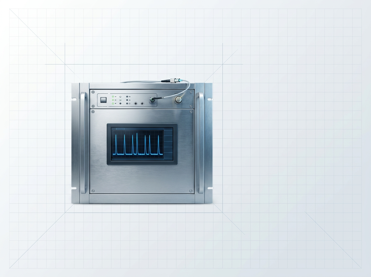 Precision-engineered optical amplifier system in instrument rack configuration with brushed steel faceplate, control panel, and fibre optic output cable; digital display shows pulsed waveform trace with sharp peaks indicating high peak power output.
