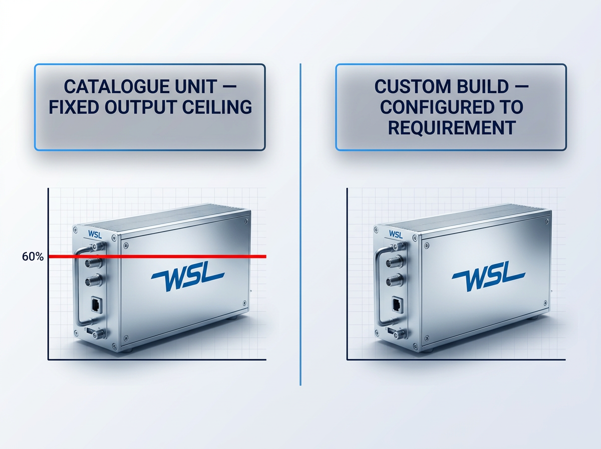 Split-panel comparison of two WSL EDFA units: left unit with red horizontal line marking fixed power ceiling labeled 'Catalogue unit — fixed output ceiling'; right unit with open-ended upward power scale and no ceiling line labeled 'Custom build — configured to requirement'.