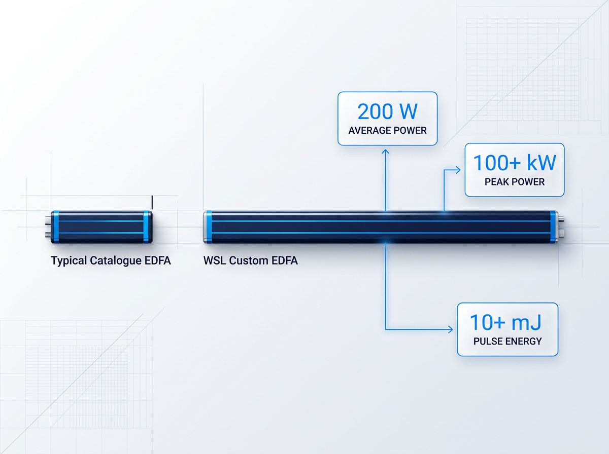 Horizontal power comparison showing two bars: left bar labeled Typical Catalogue EDFA capped at sub-50W, right bar labeled WSL Custom EDFA extending 4-5x further with annotations for 200W average power, 100+ kW peak power, and 10+ mJ pulse energy.