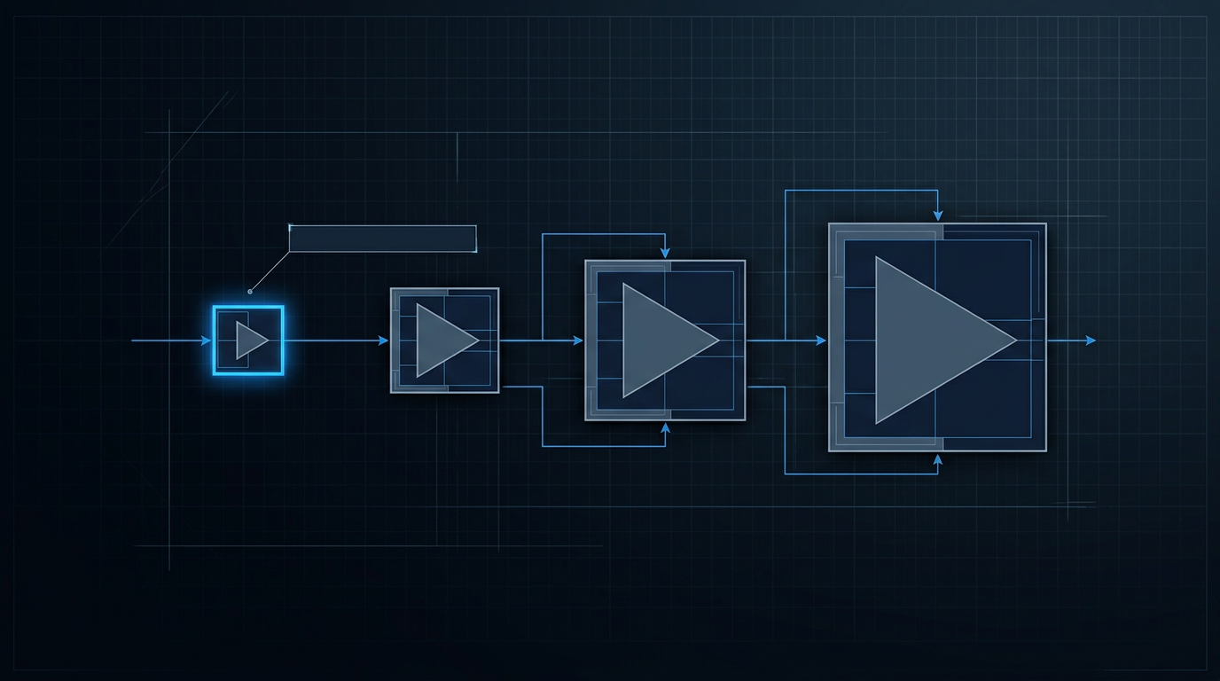 MOPA architecture block diagram with seed oscillator feeding into three power amplifier stages, seed stage highlighted with electric blue glow and gain profile control annotation.