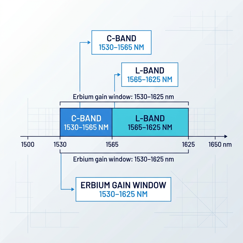 Spectral band diagram showing erbium gain window from 1500 to 1650 nm with C-band (1530–1565 nm) and L-band (1565–1625 nm) regions clearly delineated and labeled with wavelength markers and container annotations.