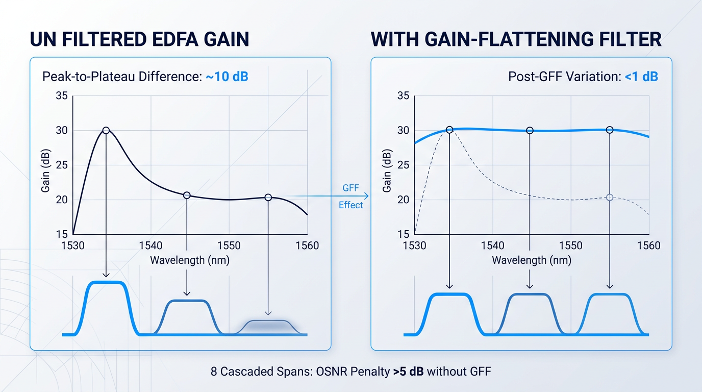 Side-by-side gain spectrum comparison showing unfiltered EDFA with 10 dB peak-to-plateau difference versus gain-flattened output with <1 dB variation across C-band wavelengths, demonstrating GFF effect on channel equalization.