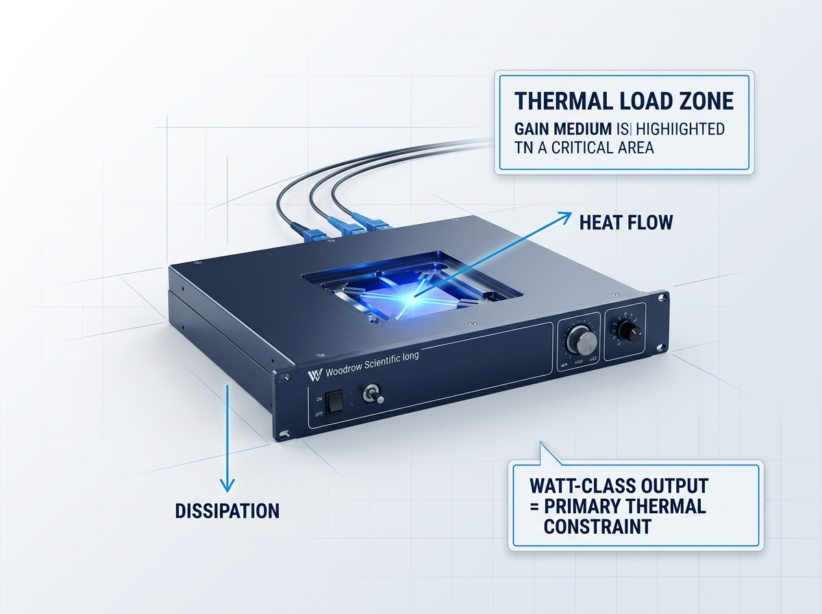 Compact rack-mount EDFA fibre amplifier with dark navy chassis and blue connectors, shown with electric blue arrows indicating heat flow from the gain medium upward and dissipation downward, thermal load zone badge, and constraint callout.