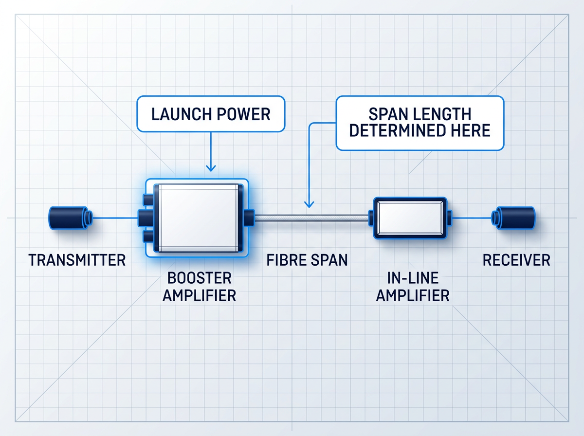 Fibre optic link schematic showing signal path from transmitter through booster amplifier (highlighted in blue), fibre span, in-line amplifier, fibre span, and receiver, with launch power and span length callouts at booster stage.