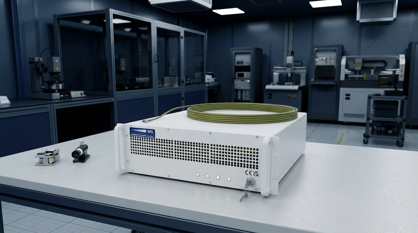 WSL fibre-amplifier EDFA unit on a clean industrial workbench with CE and UKCA certification marks visible, metal surfaces reflecting directional cool-toned lighting, fibre-optic cable coiled beside the unit.