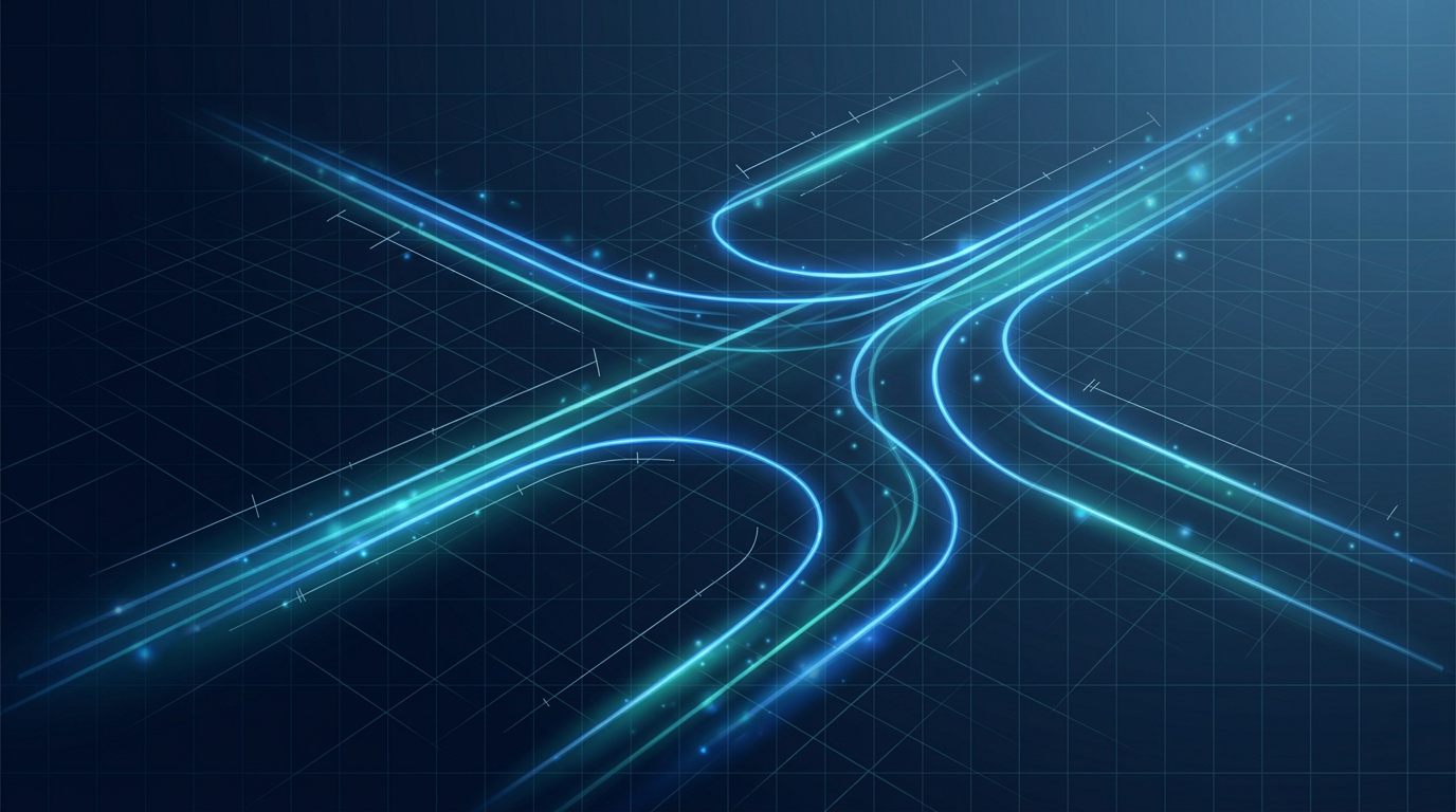 Abstract fiber optic light paths glowing in electric blue and teal against deep navy gradient background with subtle engineering grid pattern and luminous particle traces.