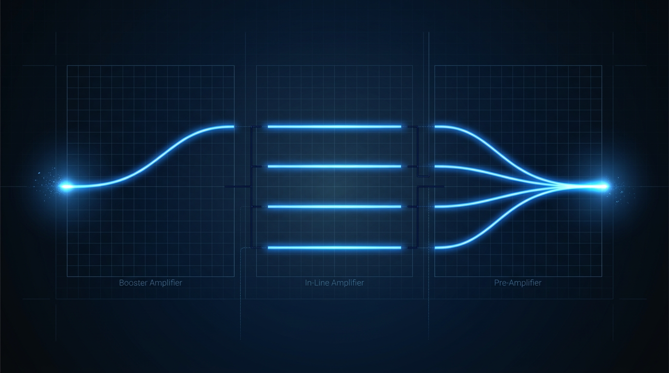 Deep navy background with three-stage fiber amplifier schematic: glowing electric blue fiber paths representing booster, in-line, and pre-amplifier stages connected by navy routing lines, with subtle grid and construction line patterns.