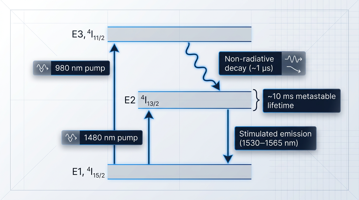 Energy level diagram for erbium-doped fiber amplifier showing three horizontal bands (E1 ground state, E2 metastable state, E3 upper pump level) with upward arrows indicating 980 nm and 1480 nm pump excitation pathways, wavy downward arrow showing non-radiative decay from E3 to E2 in ~1 microsecond, straight downward arrow showing stimulated emission from E2 to E1 at 1530–1565 nanometers, and brace indicating ~10 millisecond metastable lifetime at E2.