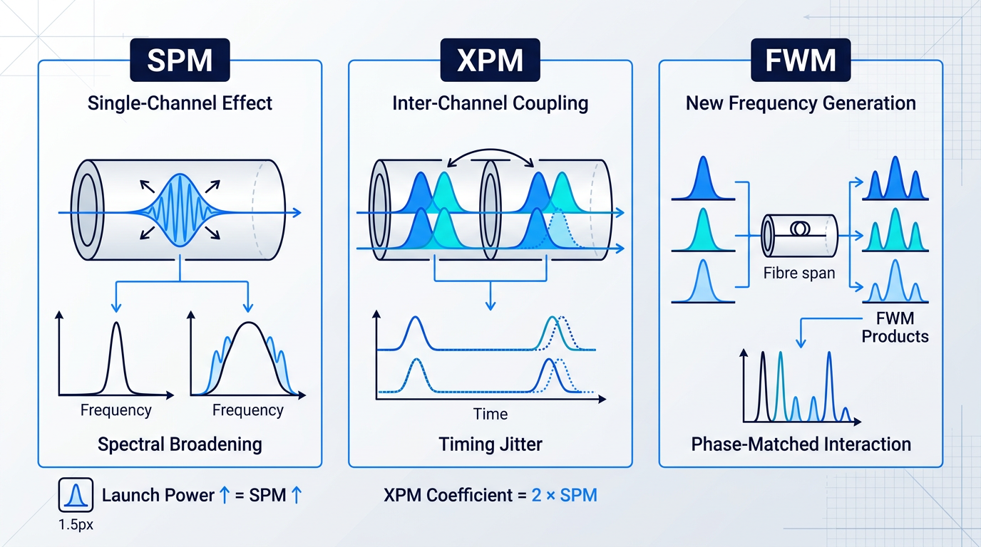 Three-column comparison of Kerr-effect nonlinear impairments in optical fibre: SPM shows single-channel spectral broadening; XPM illustrates inter-channel phase coupling with timing jitter between adjacent channels; FWM depicts generation of new interfering frequency components from three input channels.
