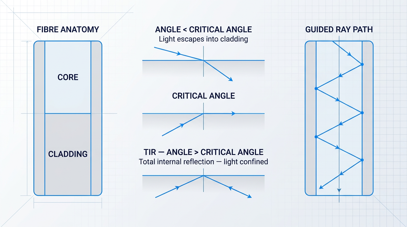 Longitudinal cross-section of optical fibre showing core and cladding with three ray diagrams illustrating angles relative to critical angle, and a guided ray bouncing path along the fibre axis.