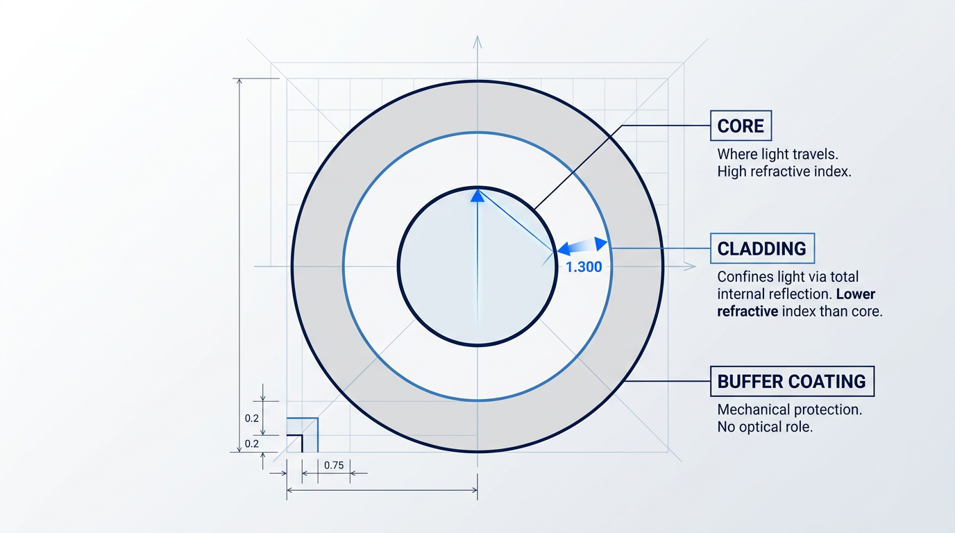 Cross-sectional diagram of optical fibre showing three concentric layers: core (innermost, light blue-grey) where light travels with high refractive index, cladding (middle ring, white) that confines light via total internal reflection with lower refractive index, and buffer coating (outer ring, light grey) providing mechanical protection.