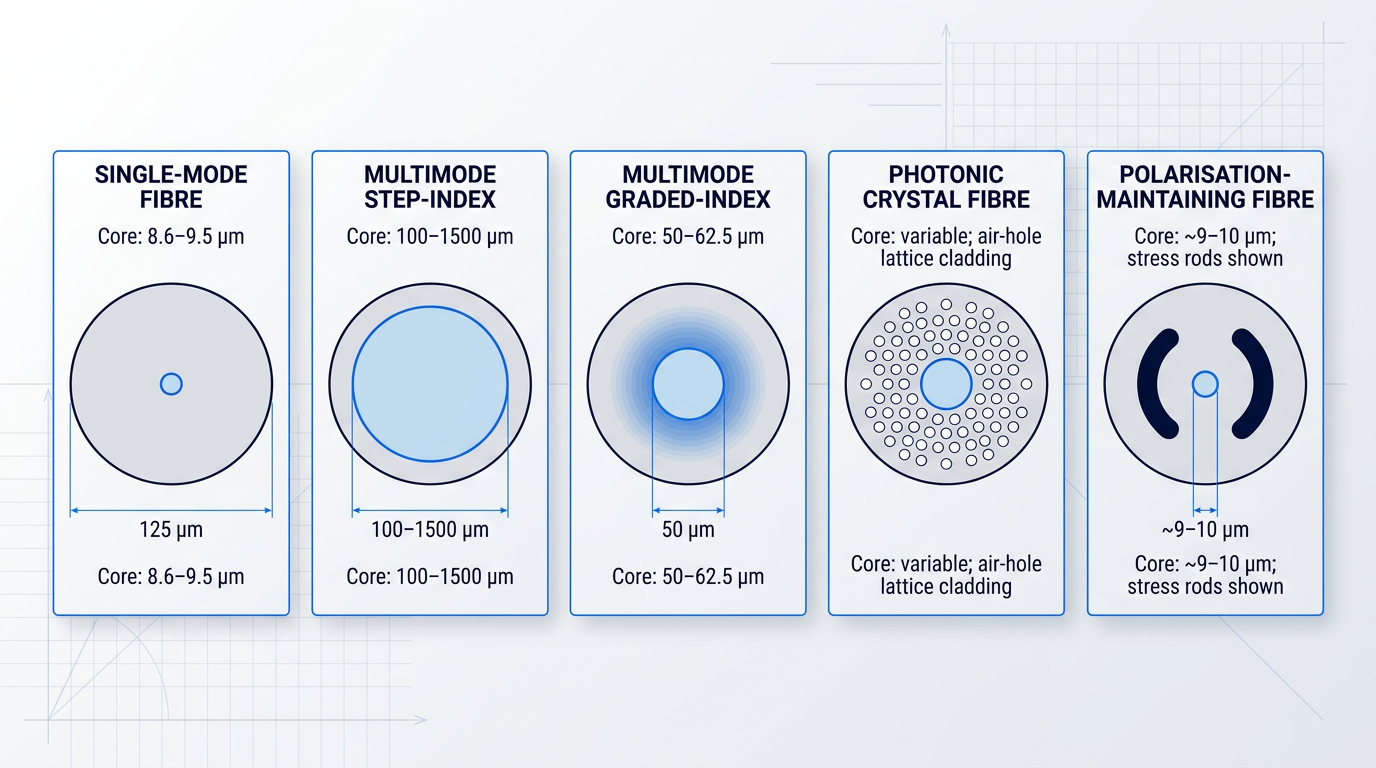 Five optical fibre cross-sections arranged side by side: single-mode with tiny core, multimode step-index with large core and sharp boundary, graded-index with parabolic refractive index gradient, photonic crystal with air-hole lattice cladding, and polarisation-maintaining with stress rods flanking core.