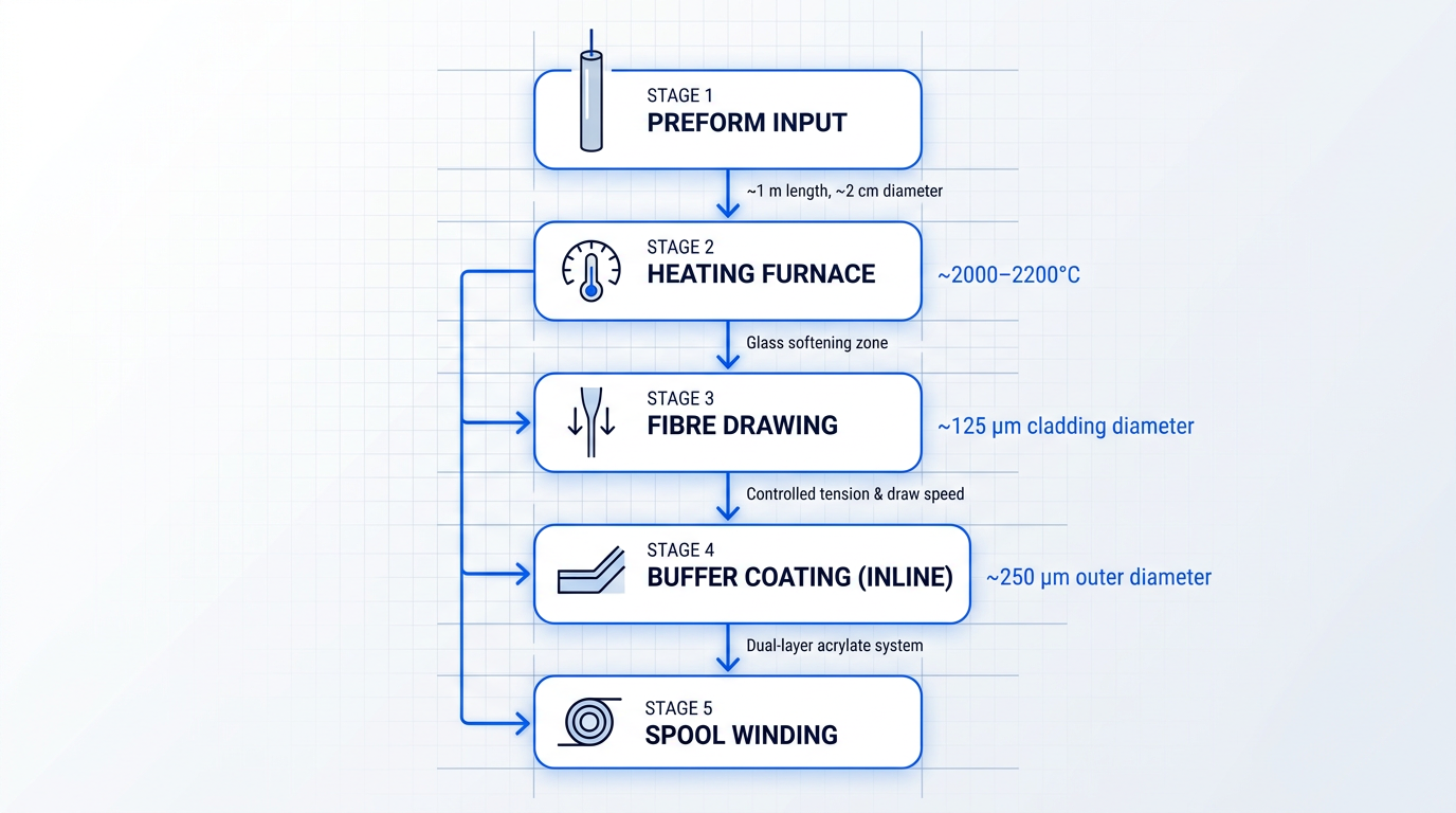 Vertical process flow diagram of optical fibre drawing tower showing five stages: preform input at top, heating furnace at ~2000–2200°C, fibre drawing to 125 µm diameter, inline buffer coating to 250 µm, and spool winding at bottom, with connecting arrows between stages.