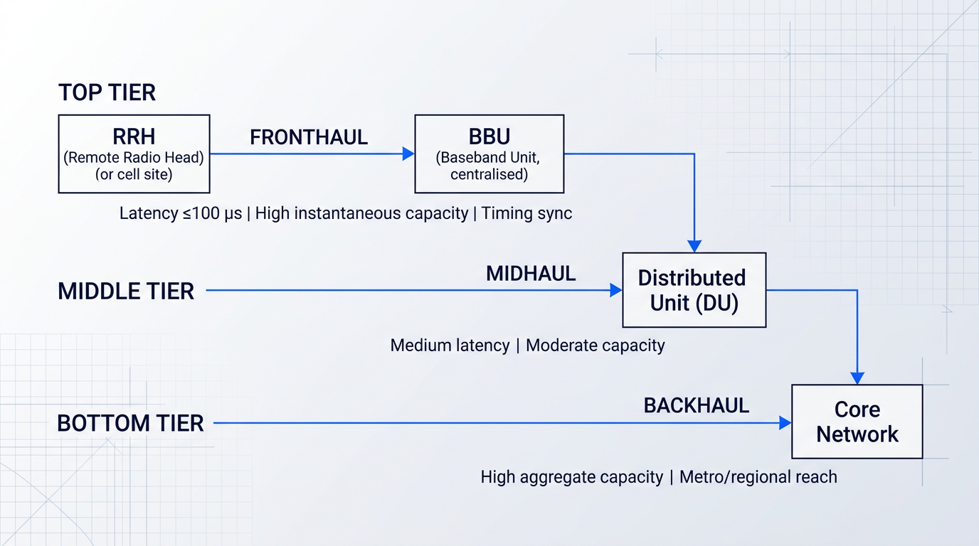Three-tier 5G xHaul architecture diagram showing RRH connected via fronthaul to centralised BBU, then midhaul to Distributed Unit, then backhaul to core network, with latency and capacity constraints labeled for each segment.