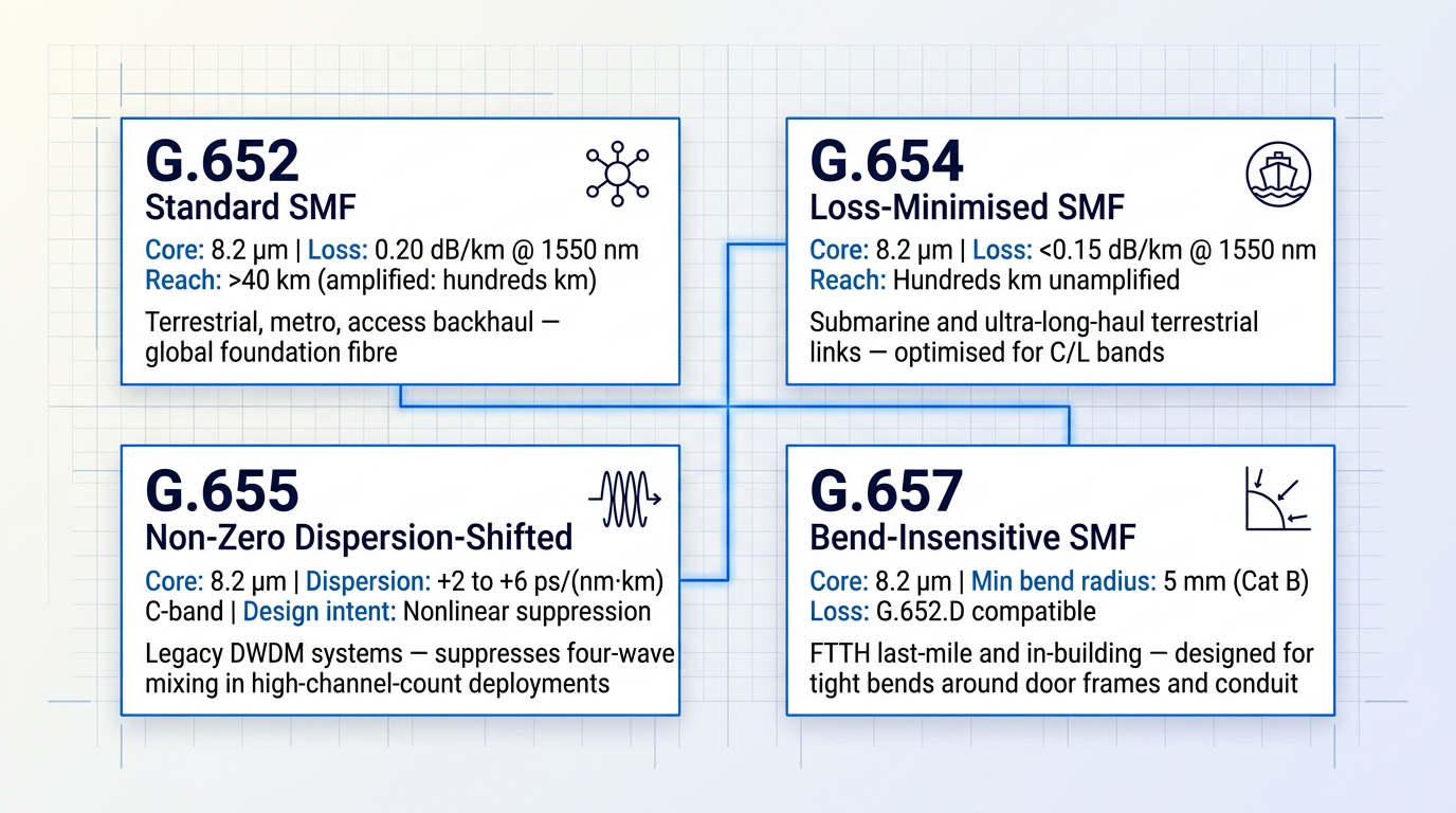 Four-container reference diagram of ITU-T single-mode fibre standards: G.652 (standard SMF for terrestrial networks), G.654 (loss-minimised for submarine links), G.655 (non-zero dispersion-shifted for DWDM), and G.657 (bend-insensitive for FTTH). Each container shows core diameter, attenuation, reach, and deployment context.