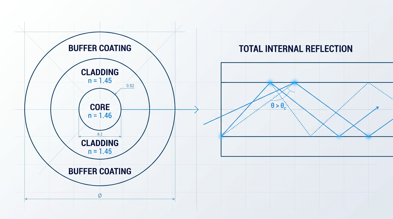 Cross-sectional and longitudinal diagram of optical fibre showing three concentric layers (core n=1.46, cladding n=1.45, buffer coating) with light rays undergoing total internal reflection at angles greater than critical angle.