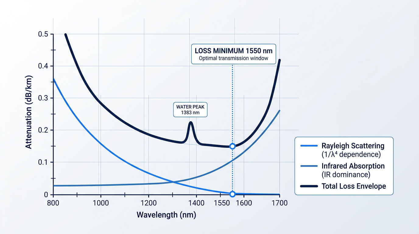 Technical loss spectrum graph showing three curves: Rayleigh scattering declining steeply at shorter wavelengths, infrared absorption rising at longer wavelengths, and total loss envelope with minimum at 1550 nm, plus water peak spike at 1383 nm.
