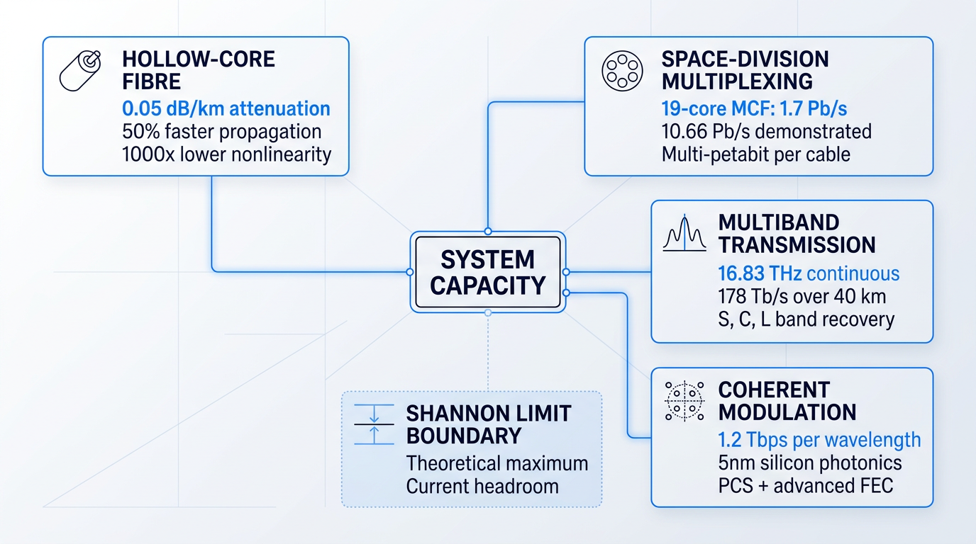 Radial infographic showing five optical telecommunications capacity dimensions—hollow-core fibre, space-division multiplexing, multiband transmission, coherent modulation, and Shannon limit boundary—arranged around a central system capacity hub with metric values and connector lines.