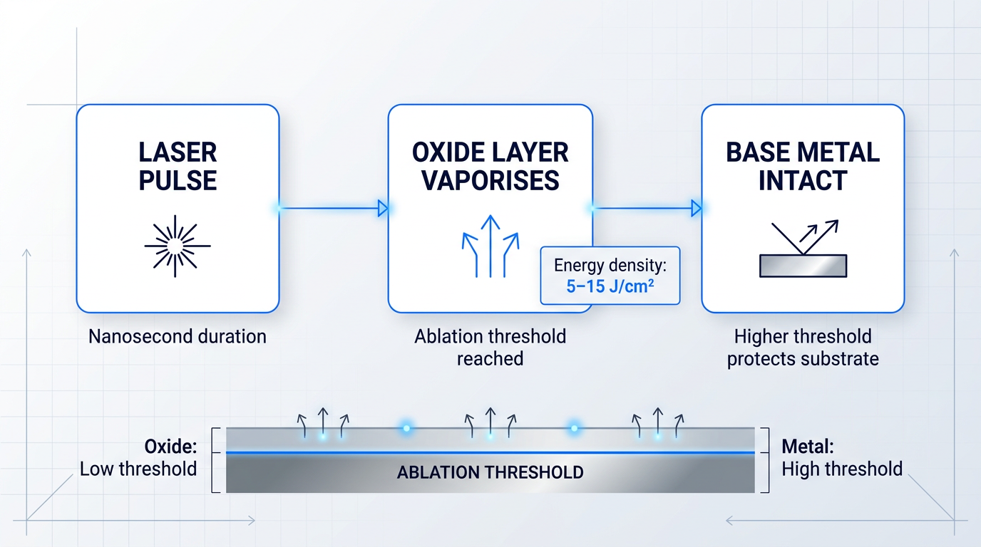 Three-stage process flow showing laser pulse delivery, oxide layer vaporization with thermal ejection, and intact base metal preservation, with cross-section diagram illustrating differential ablation thresholds between oxide and substrate.