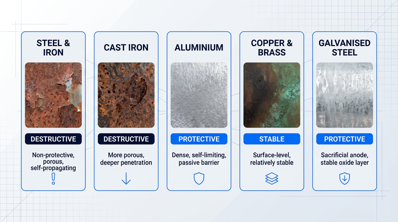 Five-container comparison of oxidation products across steel, cast iron, aluminium, copper/brass, and galvanised steel, showing destructive versus protective oxide layers with visual examples and classification badges.