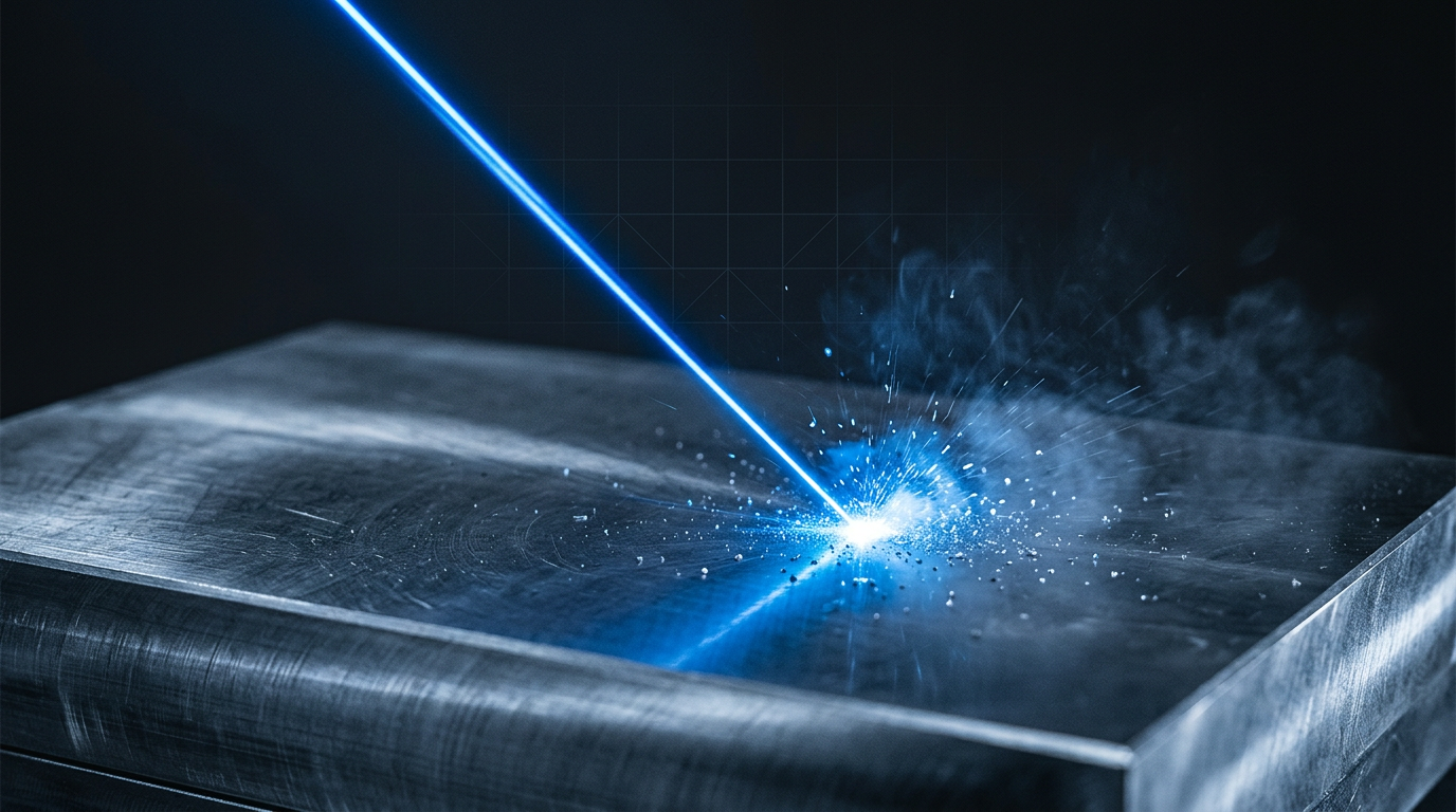 Dark industrial metal surface with focused electric blue laser beam striking at 45-degree angle, creating intense glowing contact point with visible particle ablation and smoke dispersal in controlled workspace environment.