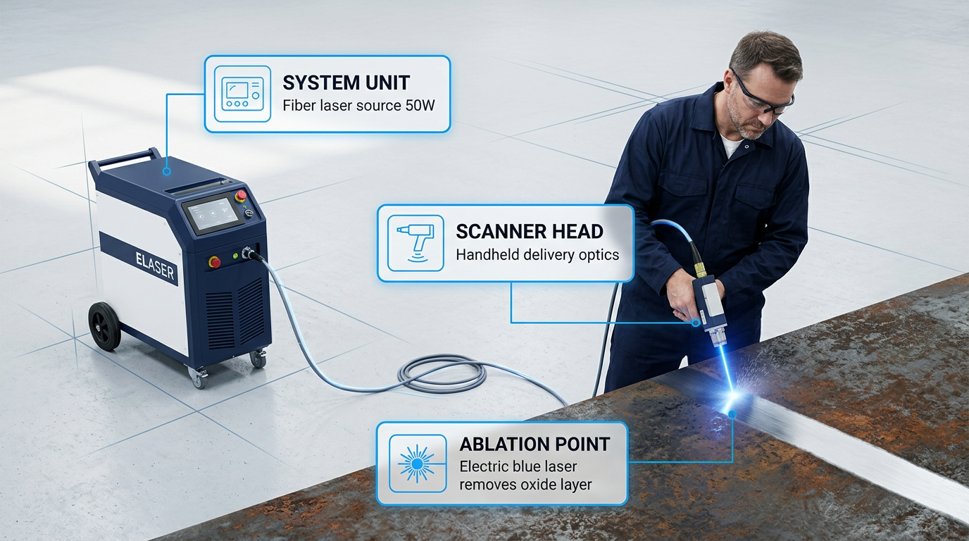 Technician in dark coveralls using ELASER handheld scanner on oxidized metal surface, with wheeled control unit visible on left, laser beam cleaning oxide layer to expose bare steel beneath.